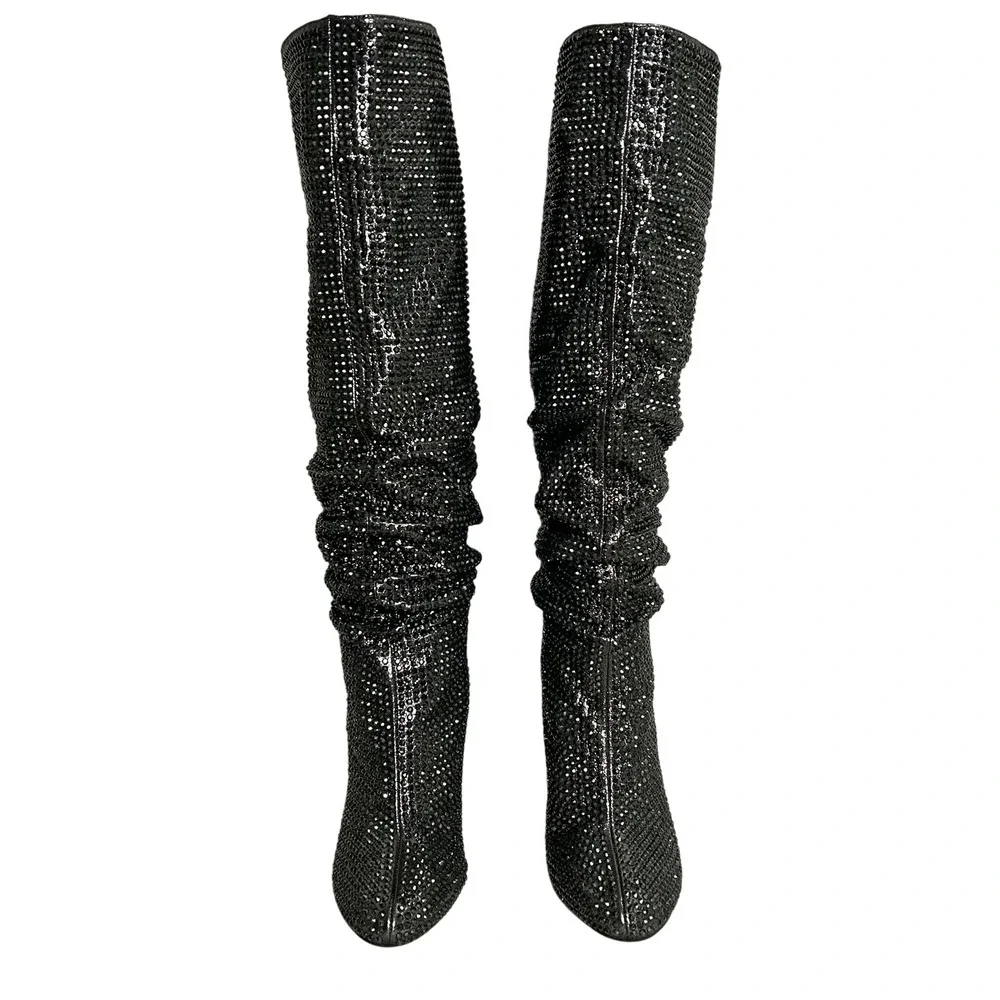 INC Gerii Pewter‎ Rhinestone Sparkly Slouch Boots Women's Knee High Block Heel
